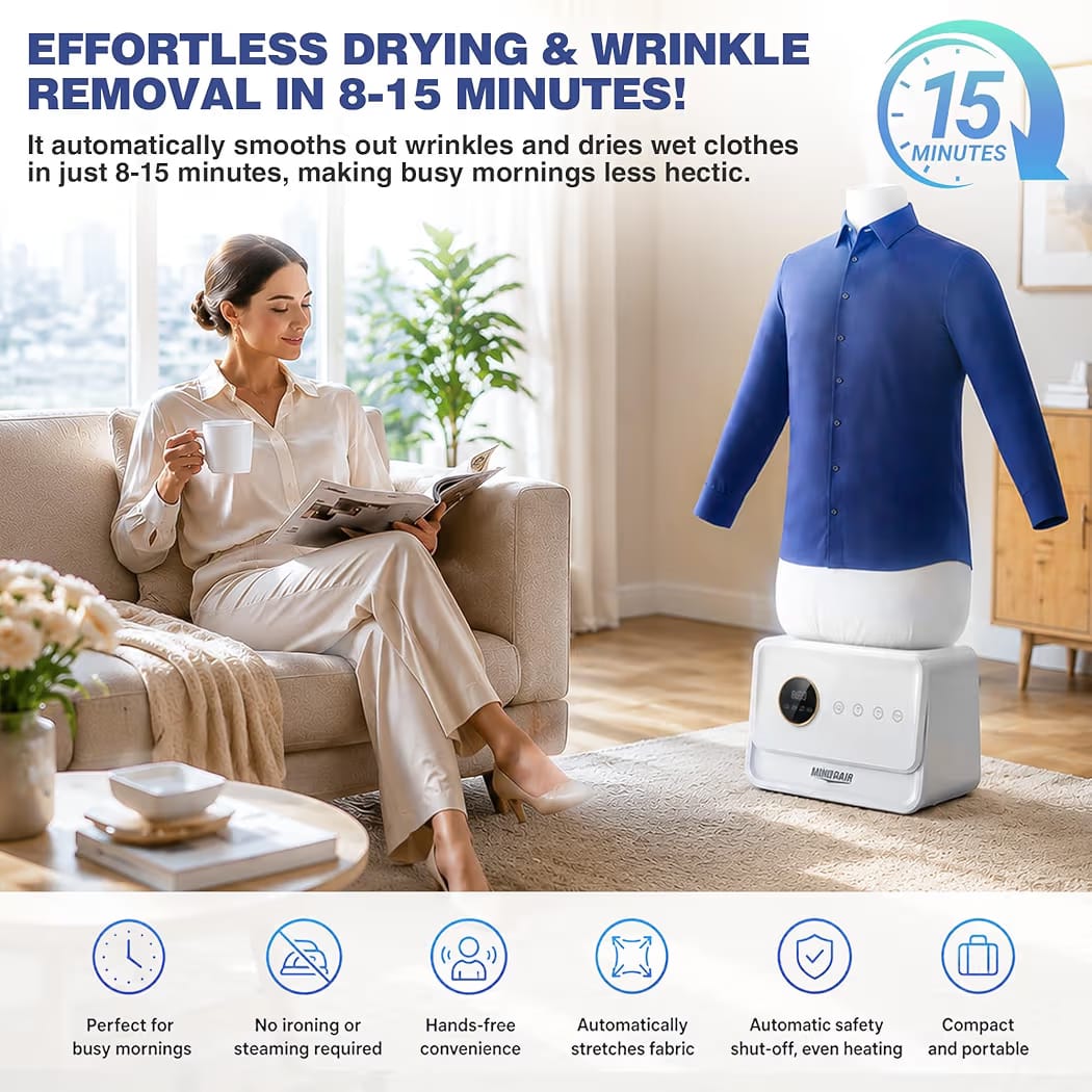 Airoflux Automatic Ironing Machine, Portable Hands-Free Wrinkle Remover with Remote Control for Shirts & Pants, Gentle on All Fabrics, Ironing Machine Perfect for Apartments, Business Travel
